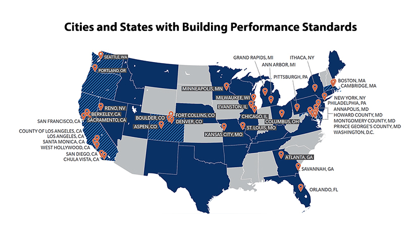 Map of cities and states with building performance standards