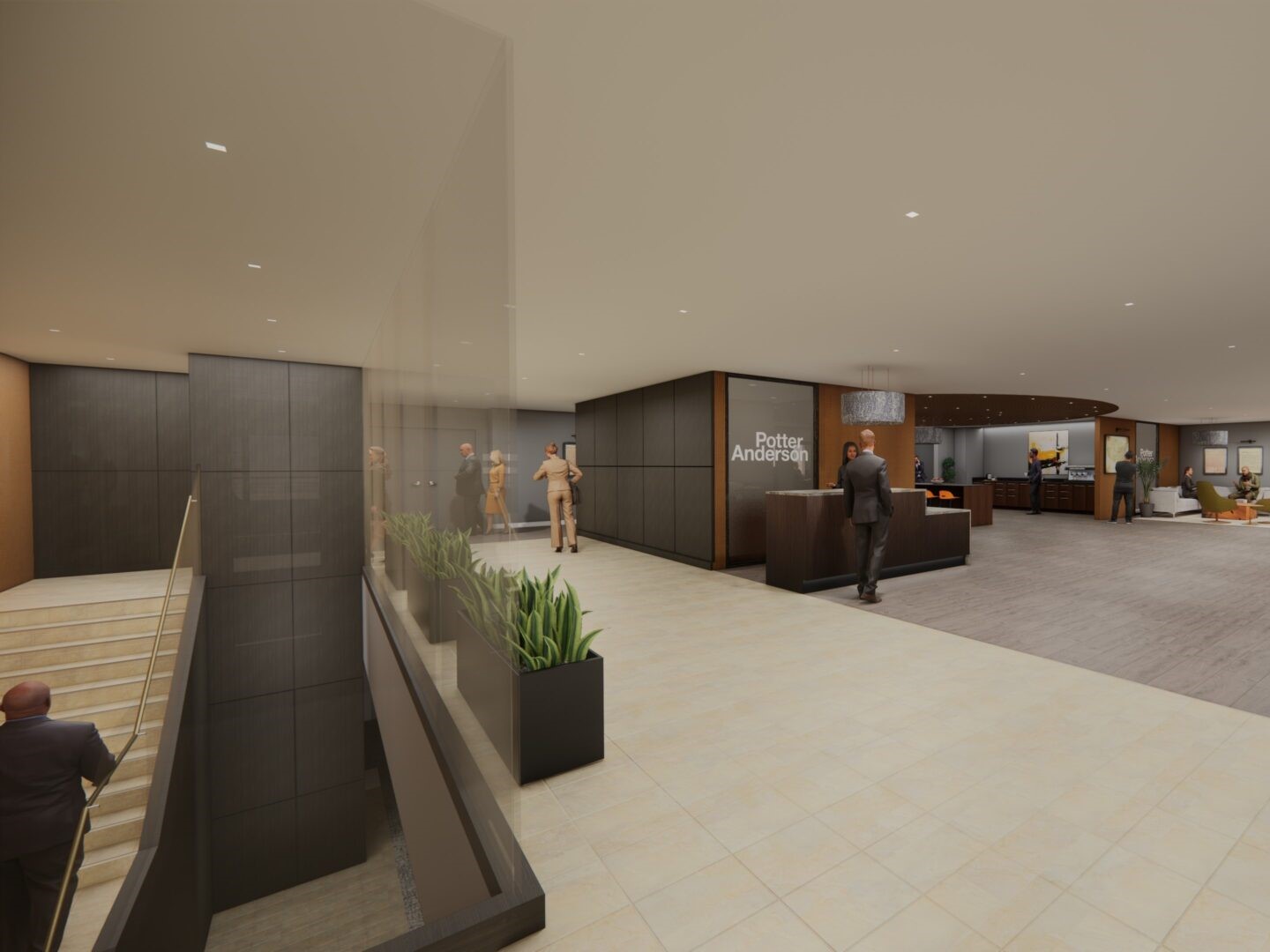 Rendering showing Potter Anderson & Corroon LLP’s renovated headquarters at 1313 N. Market St. in Wilmington, Del.