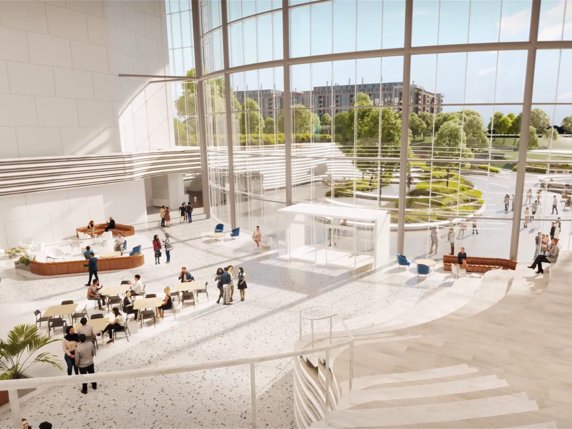 Rendering of the lobby of the main building to be redeveloped in Phase 1 of the Texas Research Quarter in Plano, Texas.