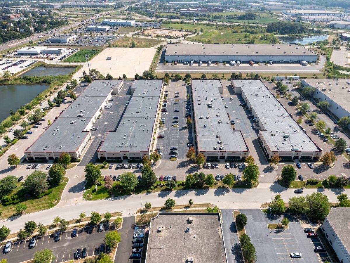 Aerial view of SL Business Center at Elgin, a four-building industrial campus in Elgin, Ill.