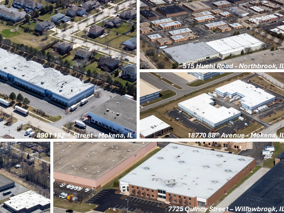 Aerial shots of four of the five Chicago-area properties purchased in a portfolio deal by Venture One Real Estate