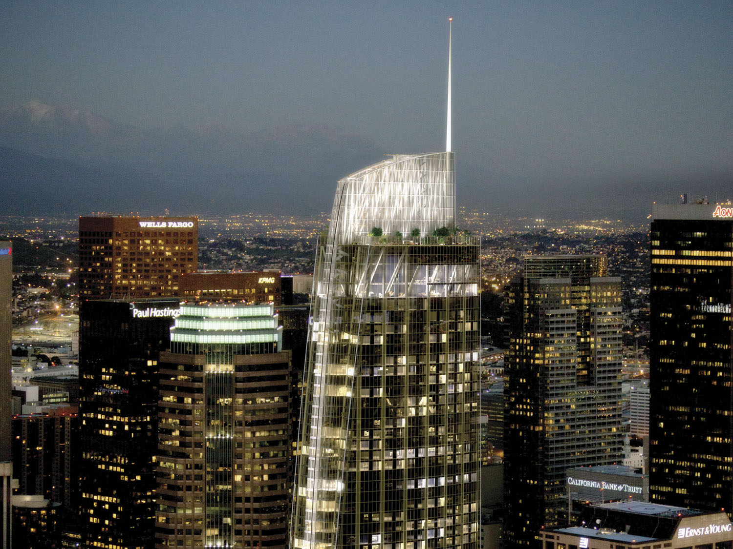 Wilshire Grand Center ends 40 years of flat-topped high-rises mandated by a Los Angeles fire ordinance. Renderings by AC Martin