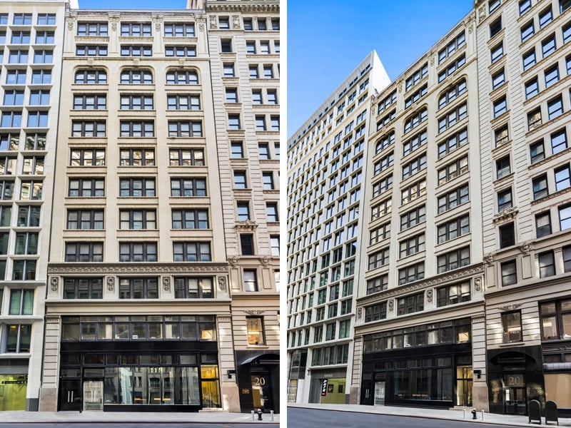 Two exterior shots of the same Manhattan office building.