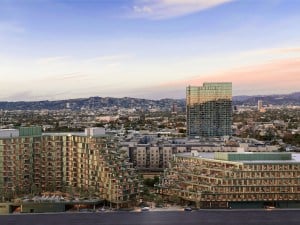 Exterior rendering of Habitat, a mixed-use development in Los Angeles.