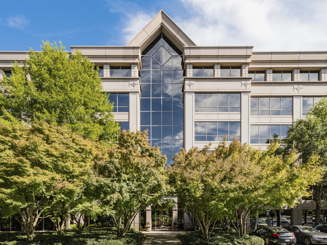 Exterior shot of one of the four buildings comprising the Mansell Overlook, an office campus in Roswell, Ga.