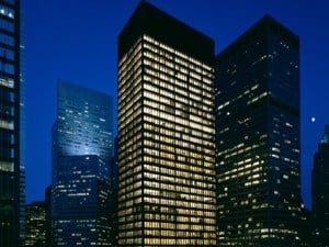 Night-time view of The Seagram Building in Manhattan, N.Y.