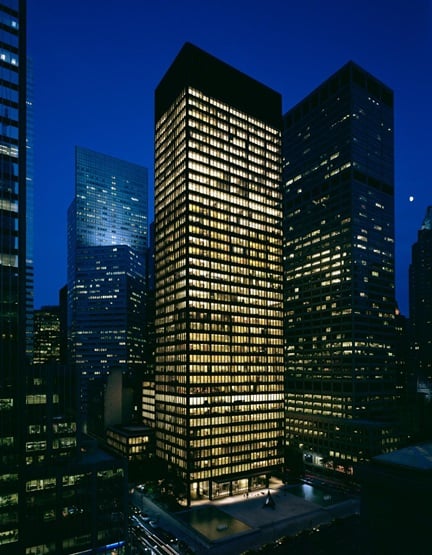 Night-time view of The Seagram Building in Manhattan, N.Y.