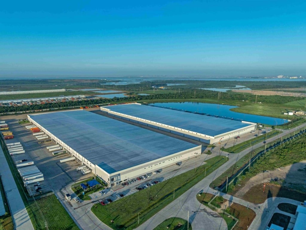 Aerial view of Cedar Port IKEA, a two-building distribution center in Baytown, Texas