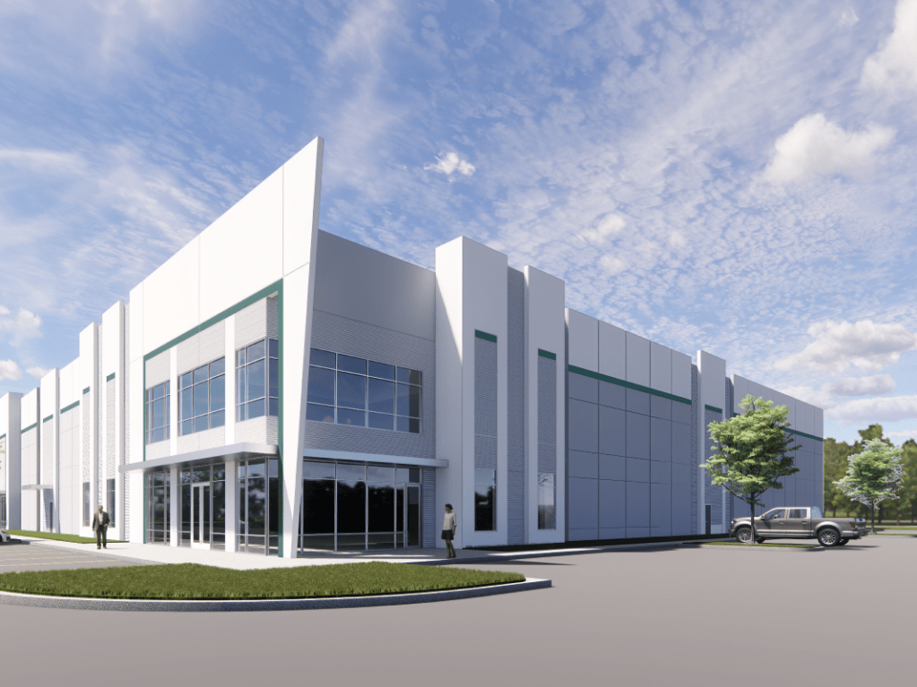 Exterior rendering of one of the buildings in McCarty Park, a future industrial campus in San Marcos, Texas.