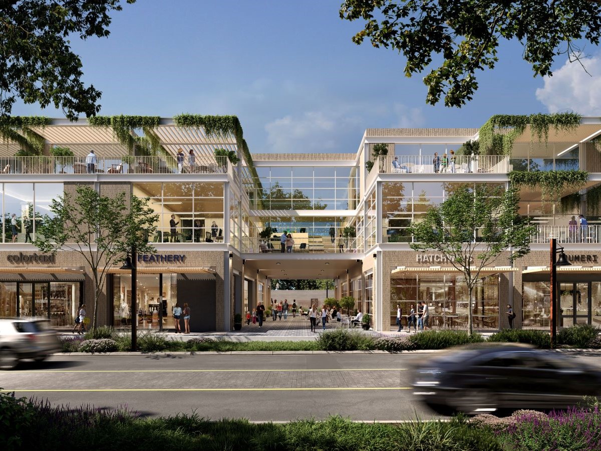 Rendering of two interconnected buildings, part of the North Henderson Avenue project in Dallas.