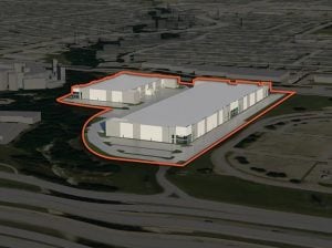 Aerial rendering of Plano Midpoint, a future two building industrial campus in Plano, Texas.