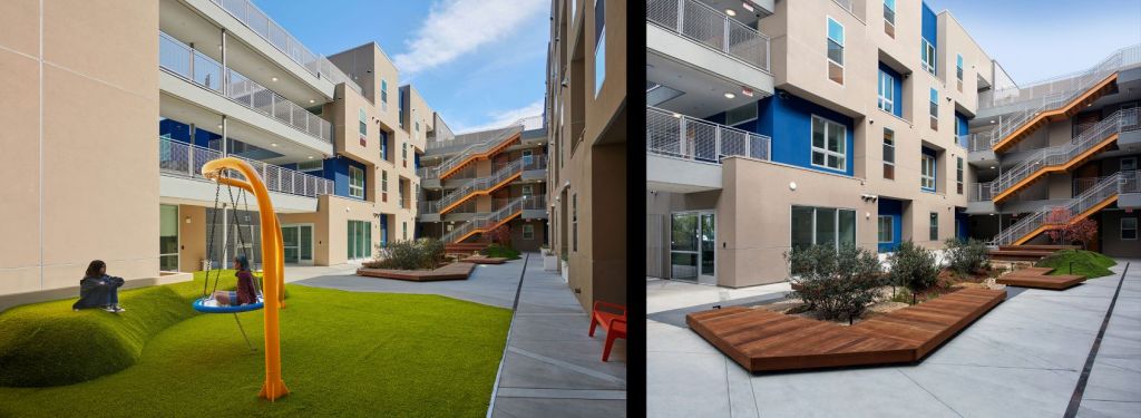 Interior courtyard at Las Flores multifamily community in Santa Monica, Calif.