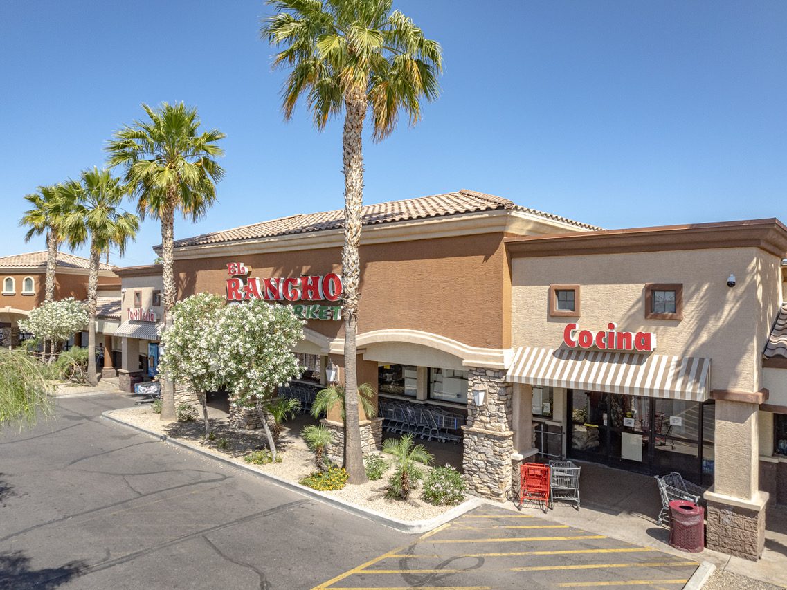 Exterior shot of El Monte Shopping Plaza, a retail center in Phoenix.