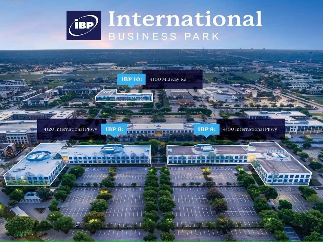 Aerial view of International Business Park 8, 9 and 10 in Carrollton, Texas.