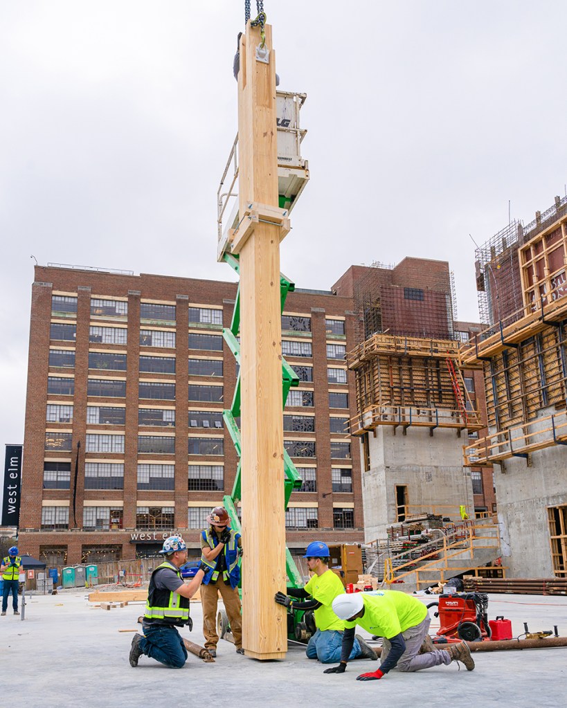 Construction of 619 Ponce, a 100,000-square-foot office building in Atlanta. The wood for the project was sourced from forests in Georgia that are owned by Jamestown, and was manufactured into the cross laminated panels in Dothan, Ala. Photos courtesy of Jamestown.