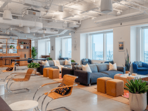 Interior image of one of WeWork's cowokring locations in Boston.