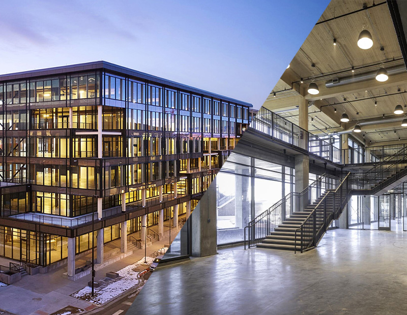 Collage of interior - exterior photos of T3 RiNo, a 235,000-square-foot office building in Denver’s River North neighborhood developed by a joint venture of Ivanhoé Cambridge, Hines and McCaffery. The property was brought to the market faster than many of its concrete and steel counterparts and uses significantly less carbon in its operations.