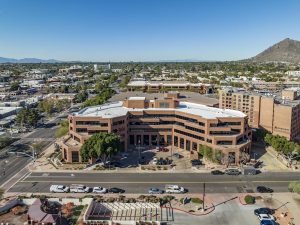 Aerial shot of 7272 E Indian School, a 165,220-square-foot office building in Scottsdale, Ariz.