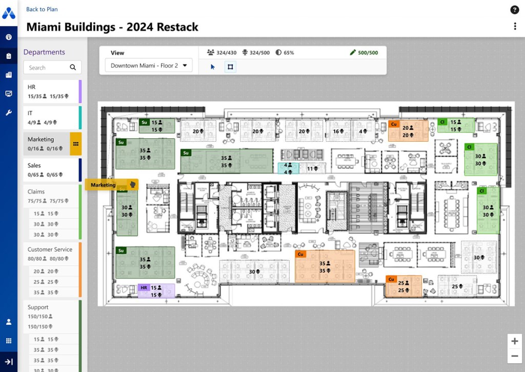 Accruent Space Intelligence Plan module, floor-level restacking. 