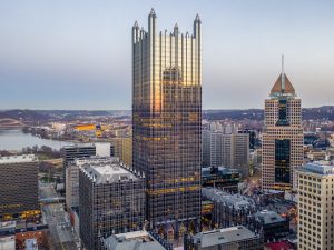 Aerial shot of One PPG Place in Pittsburgh, one of the six Class A towers at the property.