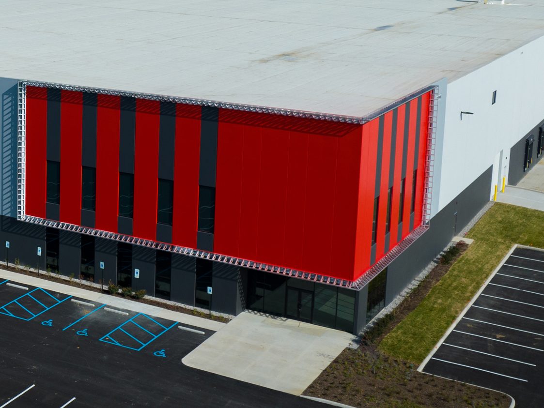 Exterior shot of a corner of The Cubes at Etna - Building D, an industrial building in Etna Township, Ohio.