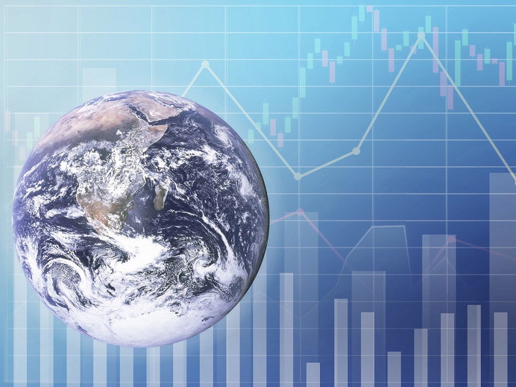 Global economics view with graph, chart, candlesticks and number of stock data symbol for business background.