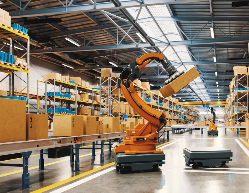 A robot efficiently transporting boxes within a warehouse environment, showcasing automation in logistics.