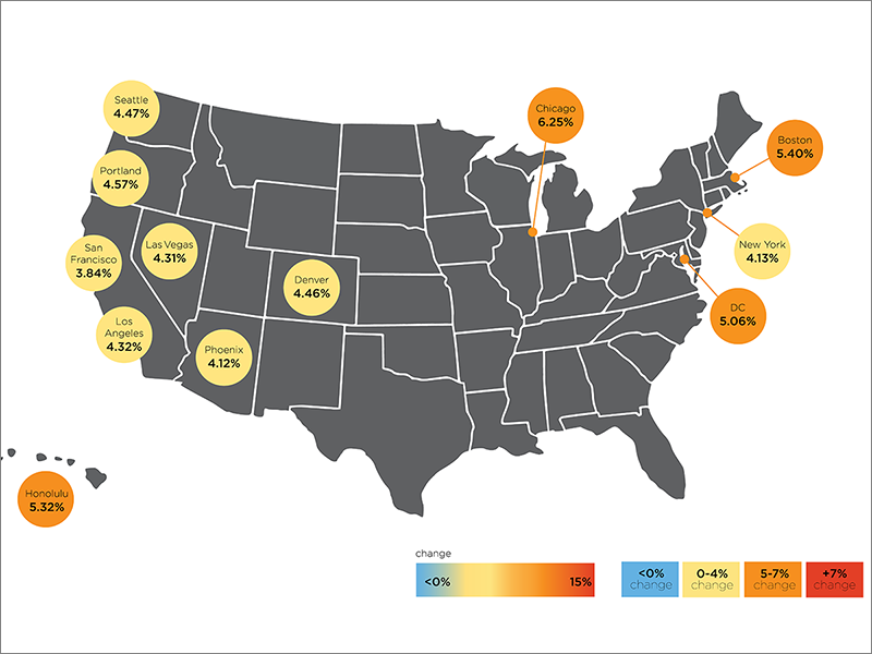 Comparative map indicates the annual percentage change in construction costs between October 2023 to October 2024