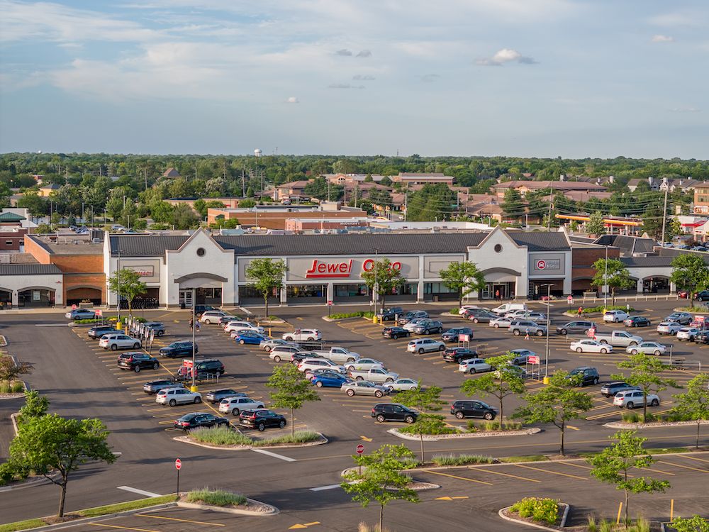 Aerial view of the Jewel Osco store and part of the parking area at Danada Square West in Wheaton, Ill.