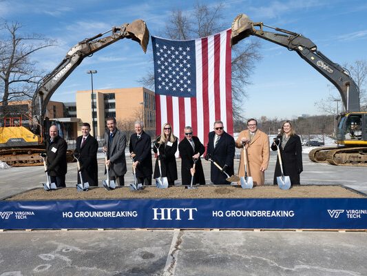 Picture of executives from HITT Contracting, Virginia Tech, and Gensler, alongside federal, state, and local leaders, broke ground on HITT's new headquarters in Falls Church, Virginia.