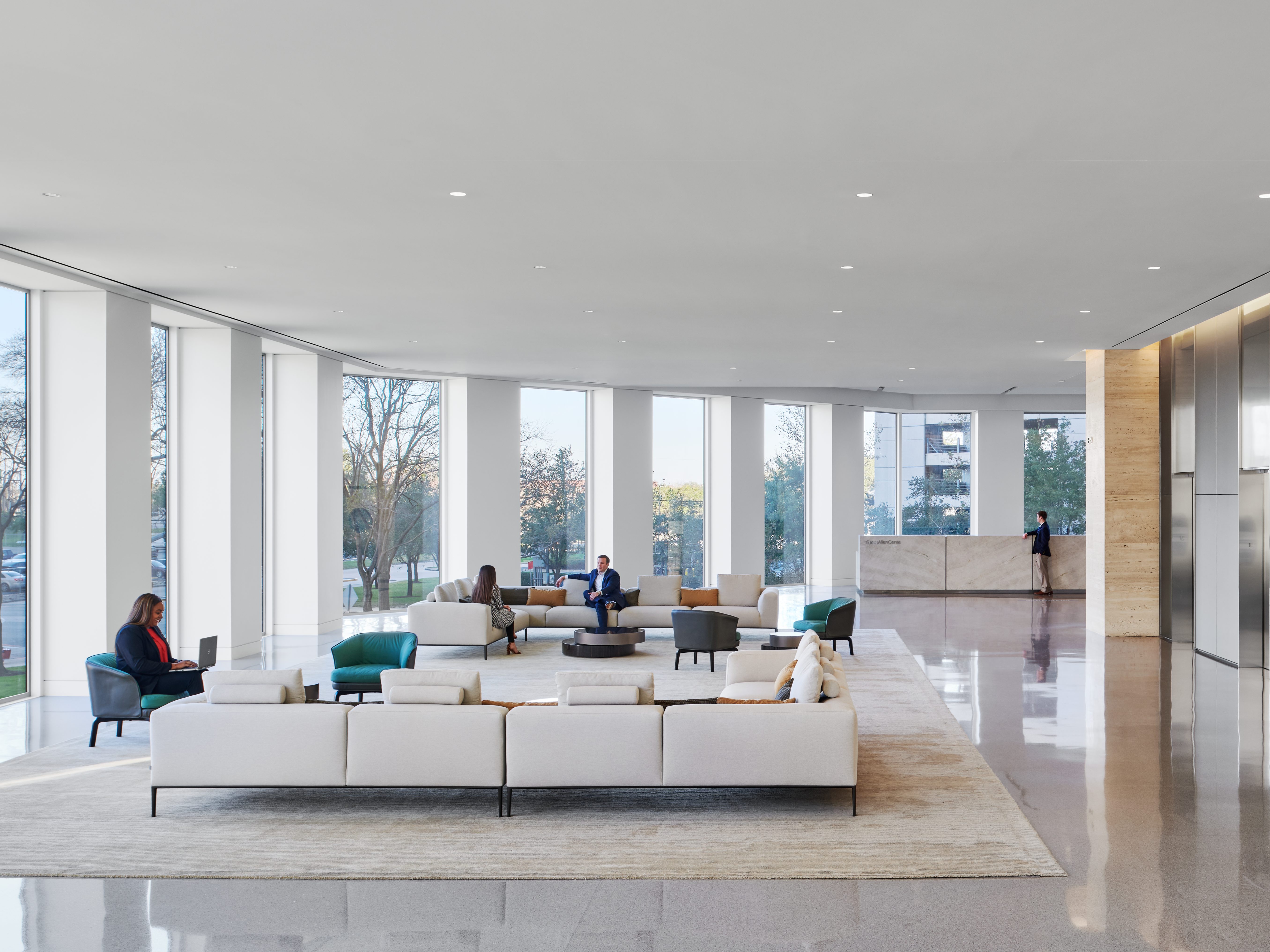 Interior shot of the lobby on the second floor of Three Allen Center, a 50-story, 1.17 million-square-foot office tower in Houston, part of the Allen Center Campus.