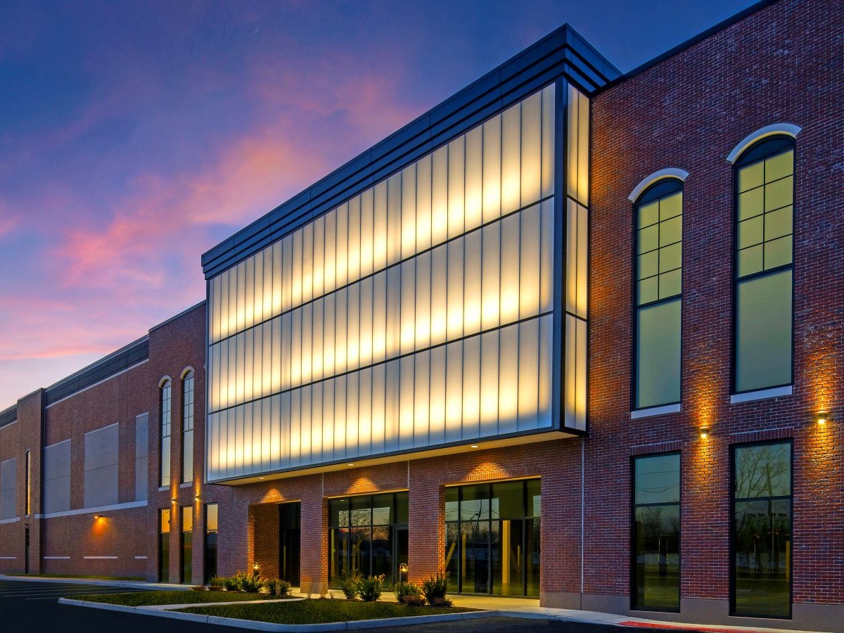 Nocturnal exterior shot of the building at 25 Market St. in Elmwood Park, N.J.