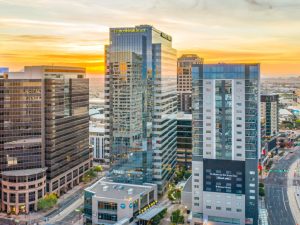 Aerial shot of the 27-story office tower on Washington Street in downtown Phoenix, part of the 1.2 million-square-foot mixed-use CityScape.