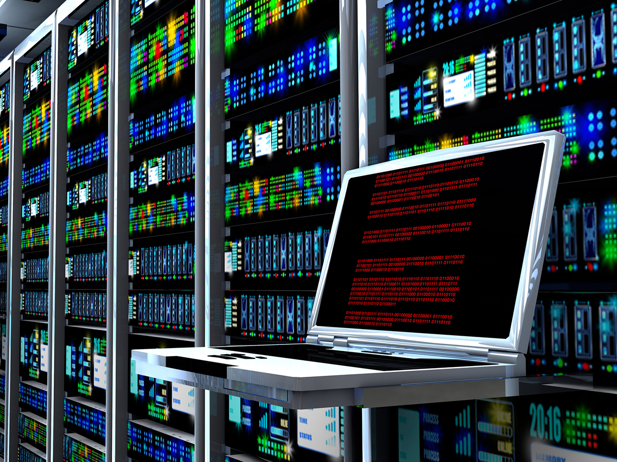 3D rendering of the interior of a data center, with a laptop screen in the foreground. Image by Ralwel/iStockphoto.com