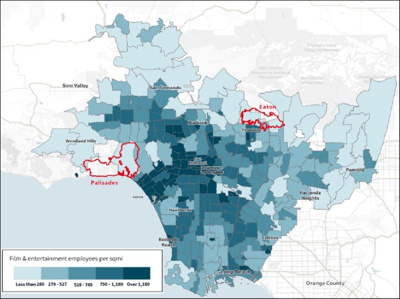 Map showing the entertainment employee concentration in the Los Angeles area