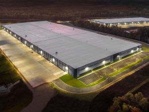 Aerial nocturnal shot of the two industrial buildings making up the first phase of Jackson 85 North Business Park in Pendergrass, Ga.