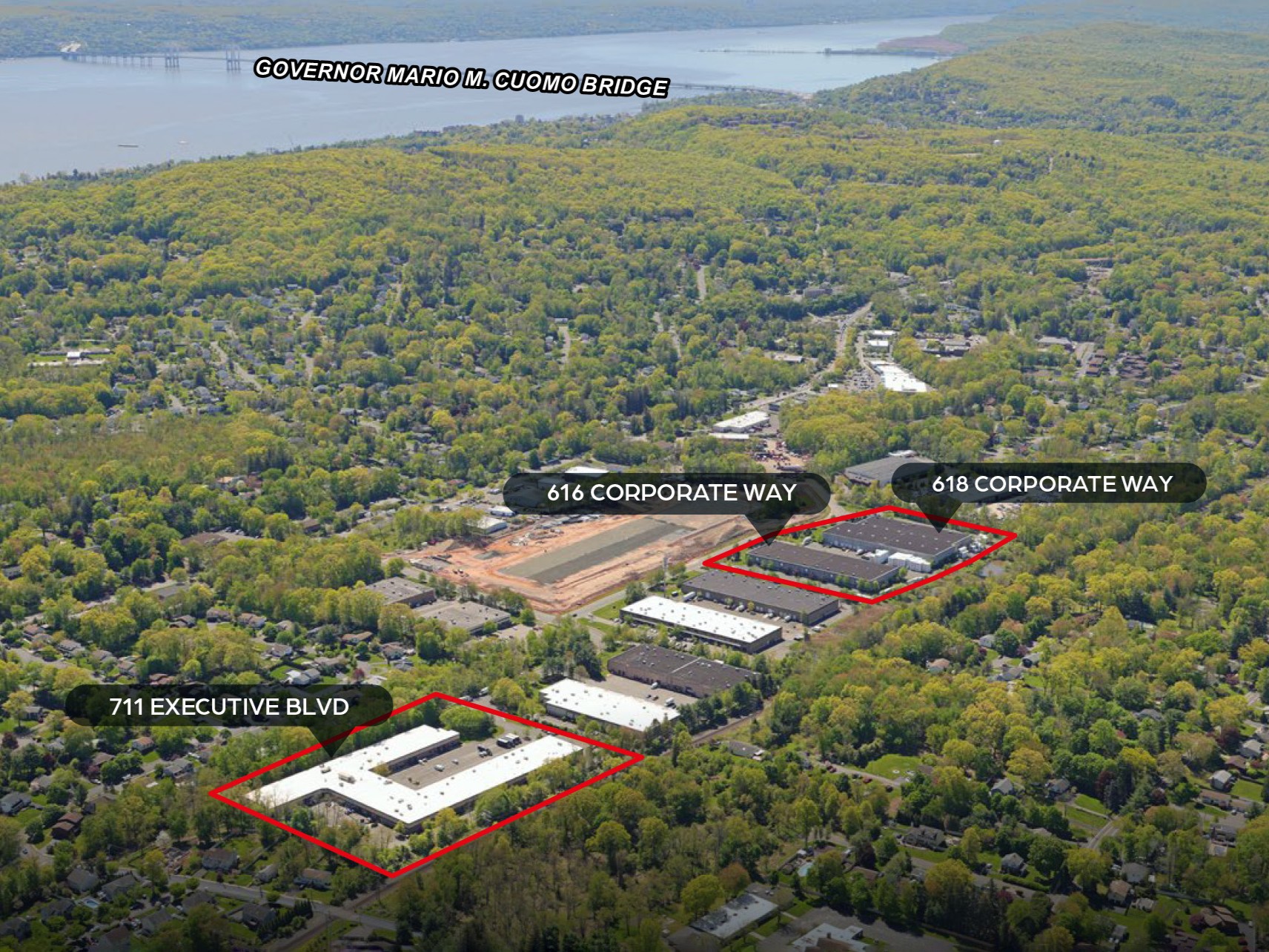 an aerial view of the three light industrial assets in Valley Cottage, N.Y., in Rockland County, N.Y.