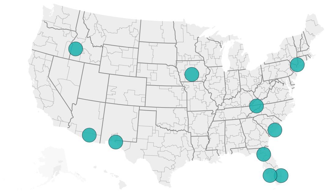 A map of the United States featuring blue circles indicating the top 10 emerging industrial markets across the country.