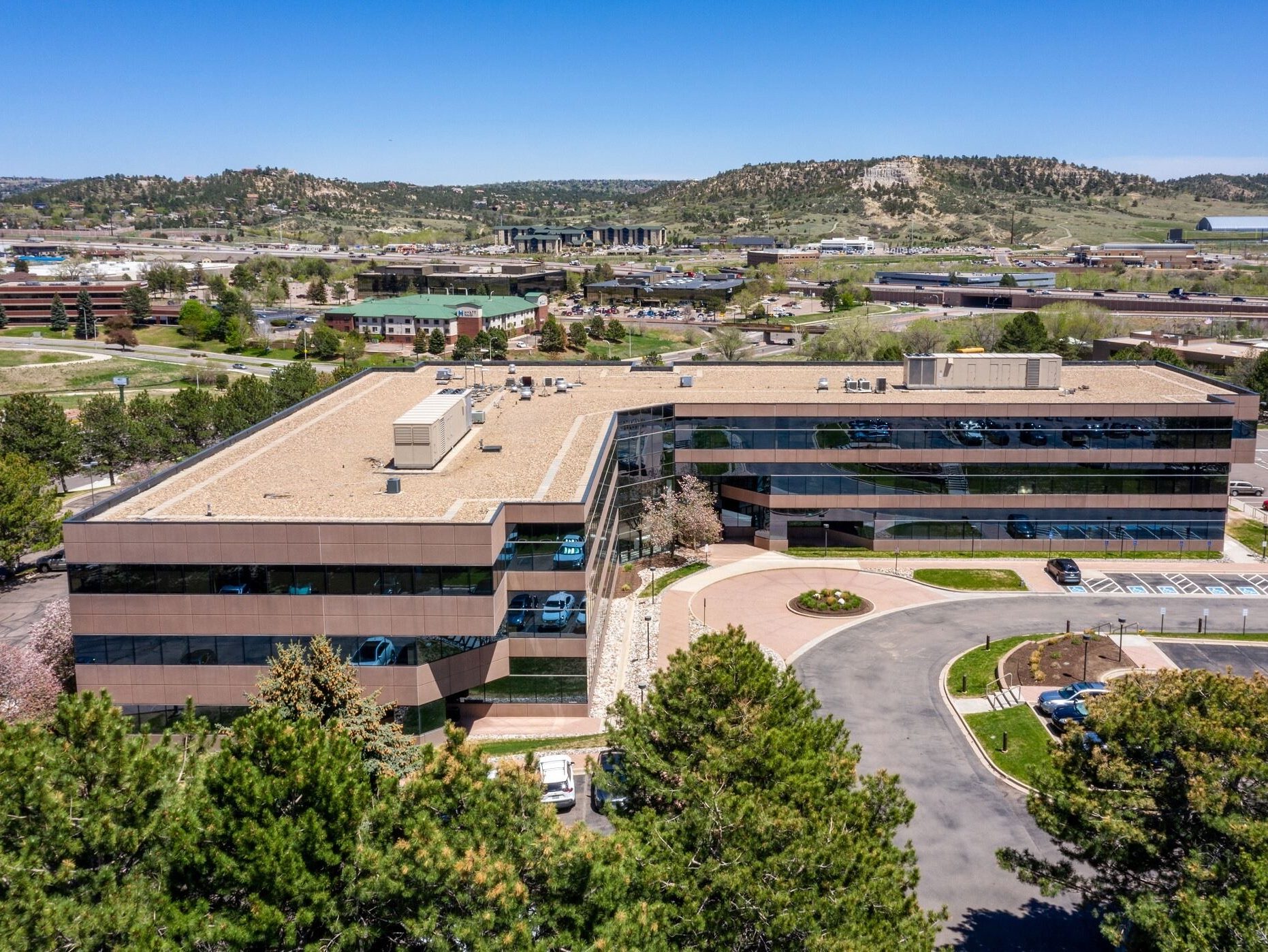 Aerial shot of Tech Center VI, a three-story, 104,702-square-foot property in Colorado Springs, Colo. 