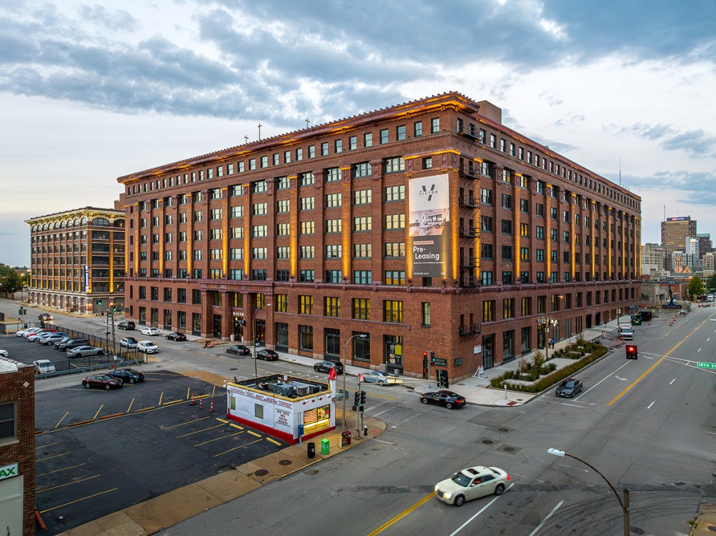 Exterior shot of the renovated The Victor building in St. Louis