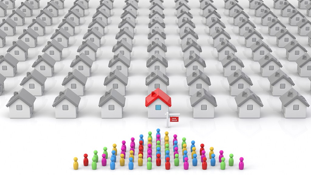 Housing Shortage Supply Demand Crisis Home Inventory 3d Concept Illustration, people in queue to purchase home