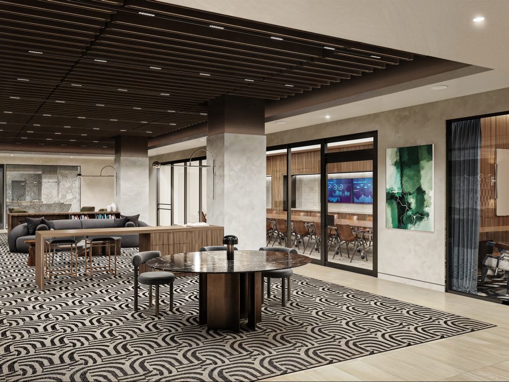 A rendering of a tenant lounge area at 99 Park Avenue in Midtown Manhattan.