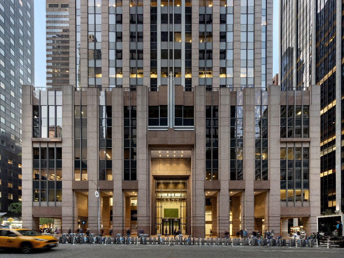 Exterior shot of the entrance at the Americas Tower, a 47-story one million-square-foot office tower in Midtown Manhattan.