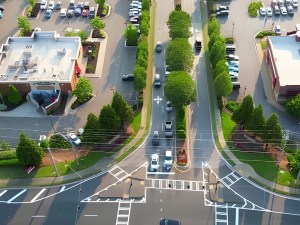 Aerial shot of an intersection flanked by two retail properties.