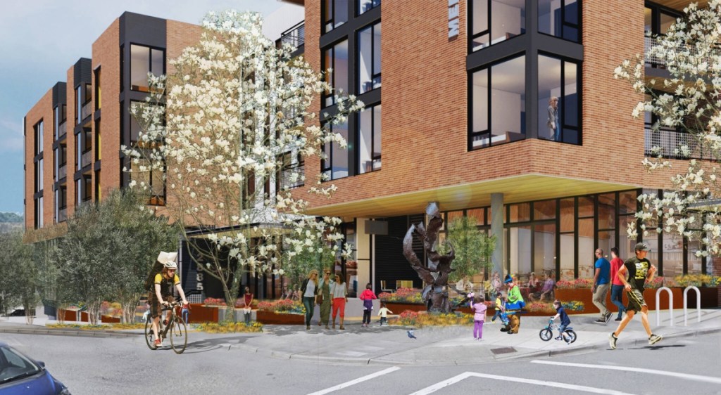 Architectural rendering of the 234,000-square-foot Xing Hua apartment project planned for downtown Mercer Island.